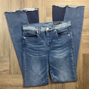 BLANKNYC The Waverly High Rise Flare Jeans Colorblock Raw Hem Womens 27 Blue